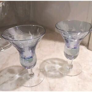 Murano Etched Cocktail Cordial Glasses 5" BLUE Barware Hand Blown Floral Italy